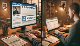 DALL·E 2025-03-27 17.49.58 - A realistic high-resolution image depicting a job seeker’s journey. On the left side, a computer screen displays a job advertisement on a social media papua new guinea jobs hiring recruiting marketing ai png social media advertisement jobs board