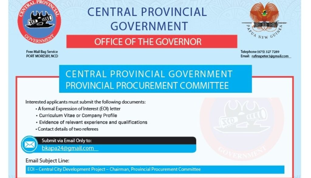 Central provincial government jobs Central Provincial Government jobs, Papua New Guinea vacancies, government jobs PNG, short-term contracts PNG, Central City Development Project, urban development PNG, accountant jobs PNG, investment advisor PNG, legal advisor PNG